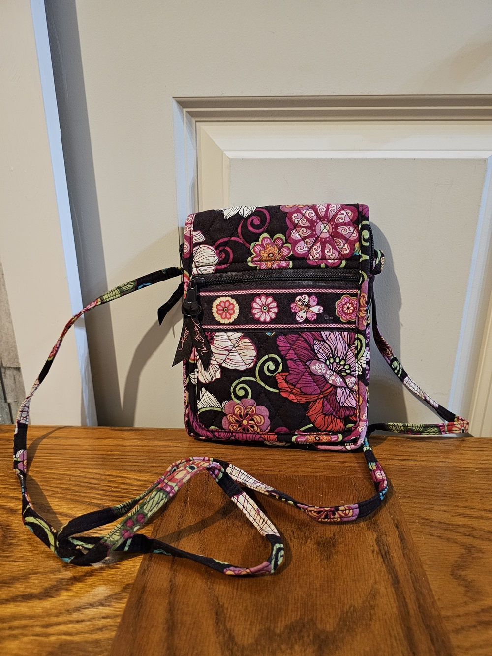 Vera Bradley Floral Crossbody Bag in Black and Pink - Quilted Fabric